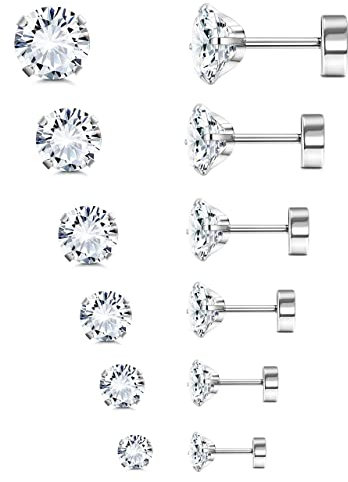 Morfetto 6 Paar G23 Titan Flache Rückseite Ohrstecker für Frauen Männer Titan Runde CZ AB Knorpel Ohrstecker Hypoallergene Schraube Zurück Ohr Piercing Set 20G 2-8MM Weiß CZ
