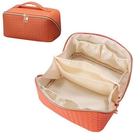 Make Up Kosmetiktasche Weiß Portable Tasche Multifunktions Groß KapazitäT Kosmetiktasche Pu Leder Damen Tragbar Reise Schminktasche Wasserdichter Schminktasche kulturtasche (Orange)