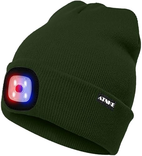 ATNKE LED Beleuchtete Mütze,Wiederaufladbare USB 4 LED Rot und Blau Leuchten Blinkender Laufmütze mit Licht Extrem Heller Lampe Winter Warme für Herren und Damen Geschenke/Dark Army Green