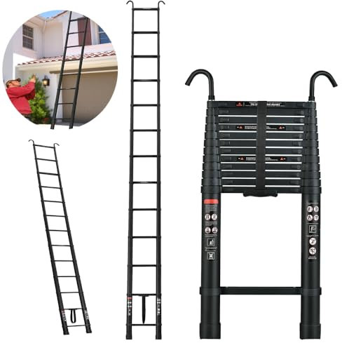 YouseaHome Telescopic Ladder 5M Aluminum Telescoping Ladder with Non-Slip Feet, Multi-Purpose Extension Straight Ladder with 2 Hook, Max Load 150kg/330lbs, EN131, Black
