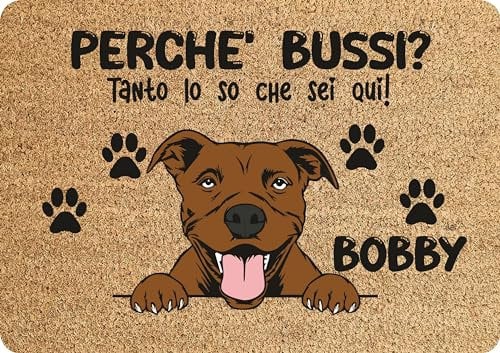 fashwork Tappeto PERSONALIZZATO con nome cane divertente American Pitbull Perchè bussi? Zerbino in poliestere 60x40 cm