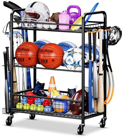 FHXZH Garage Sports Equipment Organizer - Rolling Ball Storage Rack with Wheels, Sports Gear Organizer for Garage Indoor Outdoor Toy Storage Rack, Basketball Racks Ball Cart with Basket and Hooks