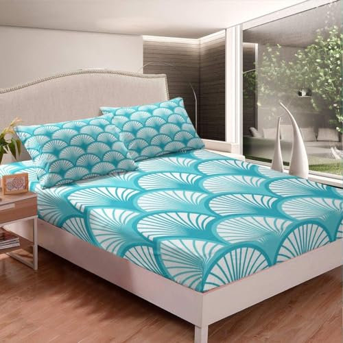3D Fan Pattern Single Fitted Sheet Blue Printed Bed Sheets 30 cm Deep Fitted Sheets Soft Microfiber Bedding 90x190 cm with 2 Pillowcases for kids and aldults ZL1767
