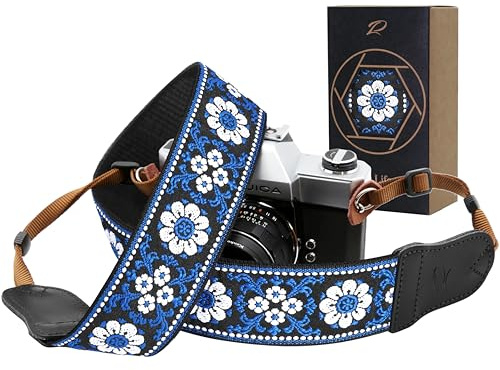 Padwa Lifestyle Blaue Blume Kameragurt - 2“ Rindsleder Kopf Kameragurt für Fotografen, Vintage Jacquard Stickerei gewebt Baumwolle verstellbare Schulter Nackenriemen für Kameras, Ferngläser