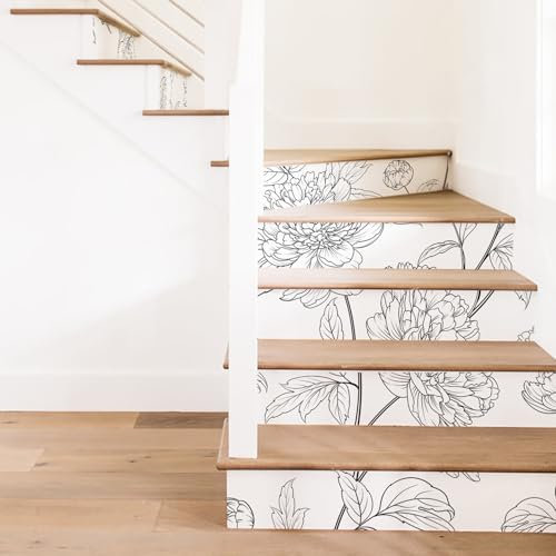 15Pcs Neukids 100x18cm White Stair Sticker Line Drawing Peony Pattern, Self Adhesive Stair Riser Decals, Kitchen Bedroom Tile Sticker, Stair Fireplace Furniture Decoration