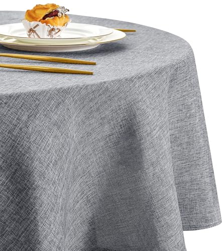 DWCN Grau Tischdecke Rund 160cm Tischtuch Outdoor Wetterfest Leinenoptik | Abwaschbar Tischtuch Dauerhaft Kratzfest für Geburtstag Esszimmer, Garten, Party, Hochzeiten, Haushalt Wohnzimmer, Balkon