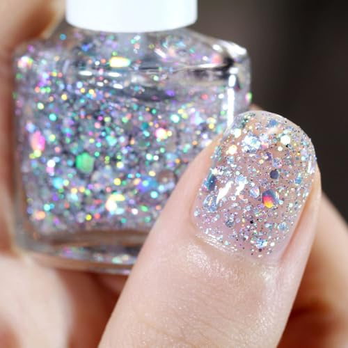 Silver Glitter Nail Polish - Silver Diamond Nail Varnish - Quick Dry Sparkle Shiny Nail Paint - Long Lasting Full Coverage Flash Shine Holographic Nail Paint Glossy Nail Art Varnish