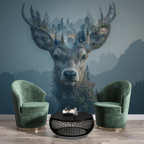 Fototapete 250 x 175cm‎ (B×H), Nebel Wald Wanddeko Foto Tapete Schlafzimmer Wohnzimmer Seidentuch Tapete, Doppelbelichtung Hirsch Porträt Motivtapeten Smog Blaugrau Wand Dekoration
