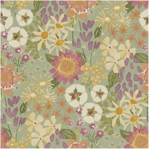 Sage Green Wildflower Wallpaper – Colourful Meadow Floral Design with Yellow, Pink and Cream Flowers – Soft Botanical Decorative Wallpaper for Living Room, Bedroom or Feature Wall
