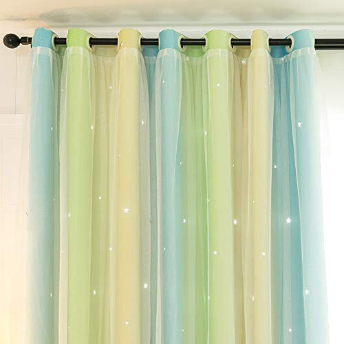Michorinee 1 Stücke Vorhang Kinderzimmer Farbverlauf Hohle Sterne Verdunkelungsvorhang Blickdicht Gardine Prinzessin Kräuselband Ösenschal Voile Blau Gelb für Mädchenzimmer 210 × 132cm (H × B)