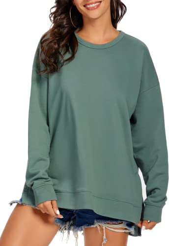 APEIYU Women's Long Sleeve Tops Loose T Shirt Ladies Jumpers Round Collar Baggy Blouses Side-Vent Ladies Winter Tops For ladies Green XL