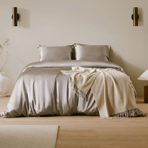 LilySilk Bettwäsche Set 3 teilig Bettbezug 200 x 200 cm und 2 Kissenbezüge 80 x 80 cm, 19 Momme, Seidenbettwäsche Set, Hypoallergen, Ultra Weich und Glatt Silbergrau