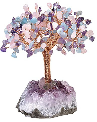 KYEYGWO Bunt Reiki Heilung Kristallbaum auf Natürlichen Amethyst Drusensegment Rohstück Base, Stein Geldbaum Feng Shui Bonsai Baum Figuren Ornament Haus Deko für Glück, Reichtum