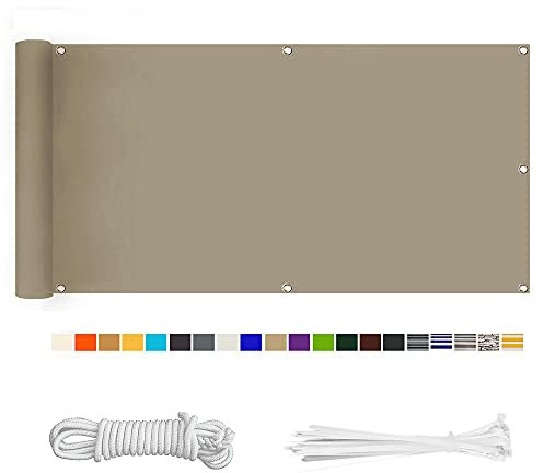 HERILIOS Balkon Sichtschutz, Balkonabdeckung 220 g/m² Innen Balkonverkleidung UV-Schutz (210Größen&21Farben) Ohne Bohren mit Ösen Kabelbinder und Kordel für Balkongeländer Terrasse,80X500CM Khaki