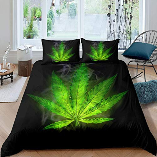 Homewish Cannabis Blätter Bettbezug,Marihuana Weed Leaf Trösterbezug 135x200 für Kinder Teens Erwachsene,Cannabis Vibrant Green Bettwäsche Set Schlafzimmer Dekor mit 1 Kissenbezug,Grün Schwarz