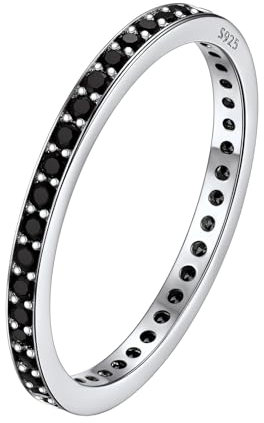 Silvora Dünner Vollzirkonium-Ring mit Schwarzem Zirkonen im Rundschliff S925 Silber Damen Ring Stapelbar Schlichter Zirkonia Ring Ringgröße 54（17.3） in Silber für Geburtstag Valentinstag Jubiläum