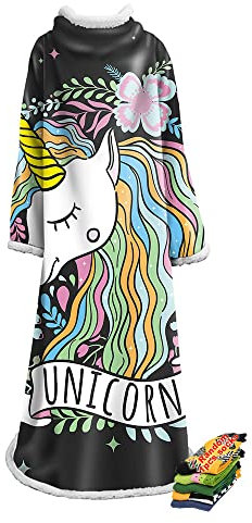 Hearda Oversized Kuscheldecke mit Ärmeln, Wearable Decke 3D Einhorn Gedruckt Flauschige Warm Plüsch Extra Lang TV-Decke, Fleecedecke für Erwachsene Damen Herren (helles Schwarz,127x178cm)