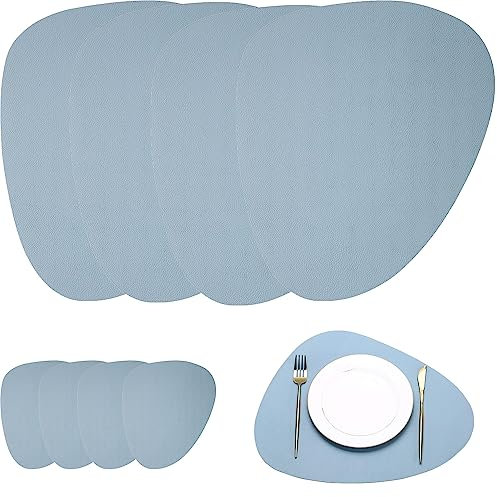Tischsets Abwaschbar, 4er Set Tischsets Leder und Untersetzer, PU Kunst Leder Hitzebeständig Oval Platzsets Abwaschbar Für Zuhause, Speisesaal, Hotel Und Geschäftsstelle, 45x34cm (Blau)