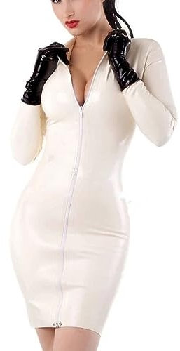 Latex Long Sleeve Dresses Latex Dress Warm White for Women Party Wear Plus Size No Gloves,Yellow,M