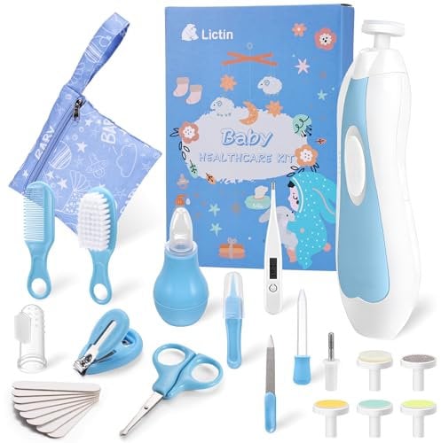 Lictin Baby Healthcare and Grooming Kit, 31 in 1 Baby Nail Trimmer Electric Set, Safe Baby Nail File with Auto Light, Newborn Nursery Health Care Kit with Nail Clippers, Infant Comb, Brush, etc
