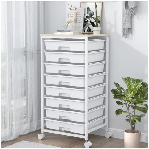 SYKIARIOL 8 Drawers Rolling Storage Trolley, Utility Storage Cart on Lockable Wheels with Plastic Drawers, Multipurpose Mobile Organizer Unit for Living Room,Bedroom,School,Beauty, White