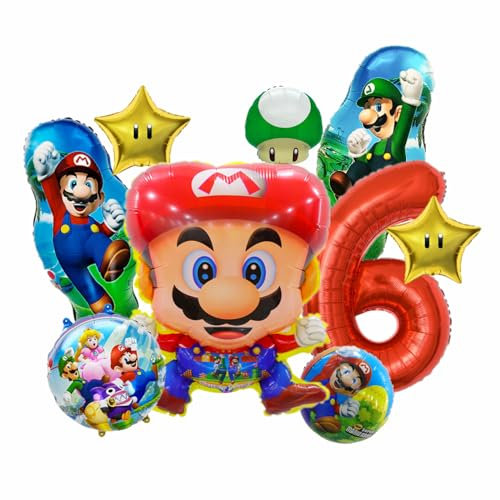 9 Stück Super Luftballon Geburtstag 6 Jahre, Super Bros Folienballon 6 Kindergeburtstag Dekoration