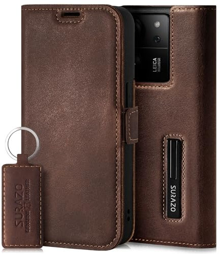 SURAZO Premium Slim Magnet Handyhülle für Xiaomi 13T Pro 5G & 13T 5G Hülle Leder – Klappbare Echtleder Schutzhülle [mit Kartenfach, RFID Schutz] Klapphülle Wallet Case Cover Lederhülle (Nussbraun)