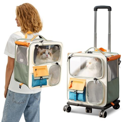 PETCUTE Hunderucksack mit Trolley, 2 in 1 Katzenrucksack Große Katzen mit Rollen,Atmungsaktive Hundetrolley Transporttasche mit Herausnehmbarer Matte,Faltbarer Haustiere Tragetasche für Welpen