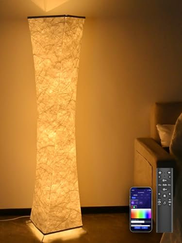 Amdelne RGB Stehlampe Wohnzimmer Dimmbar, Led Stehleuchte Modern mit Musik Sync, Fernbedienung/App Control, Standleuchte Farbwechsel, Floor Lamp für Kinderzimmer Spiel Schlafzimmer, aus Stoff Weiß