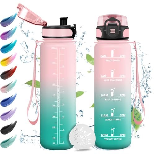 Gourde 1L, Bouteille d'eau Sport, Gourde avec Filtre, Gourde Marqueur de Temps, Gourde Motivation, Étanche et Réutilisable, Bouteille pour Adulte, Voyage, Yoga, l'école, Cyclisme, Bureau, Camping