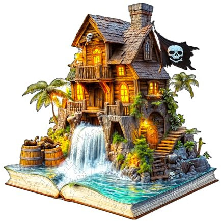 Jigfoxy Wooden Jigsaw Puzzles for Adults, Pirate House in the Book Wooden Puzzle 300pcs, Unique Shape Wood Puzzles, for Family Friend with wooden box(13.4 * 13.4in)