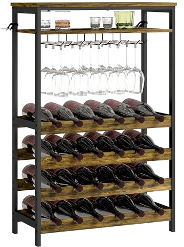 HOMCOM Botellero Vino para 24 Botellas Botellero Industrial con Soporte para Copas y Estante Abierto para Salón Comedor 66x30x100,3 cm Marrón Rústico