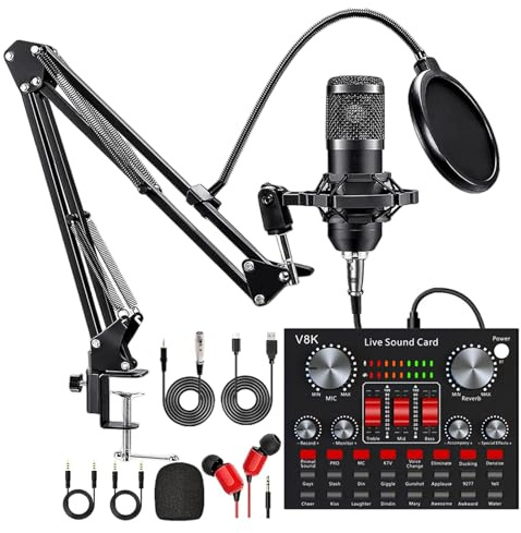 WMFASBAG Equipo de grabación de grabación de Paquete de Estudio de grabación Todo en V8K Live Sound Condenser Kit de micrófono con micrófono BM800 para vlog/transmisión en Vivo/Canto/Youtube/Juegos