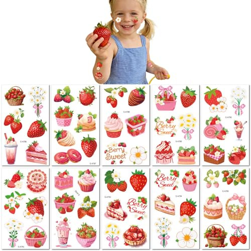 10 Hojas Pegatinas Temporales De Fresa Para Postres, Pasteles, Fiestas De Cumpleaños Y Reuniones: Pegatinas Temporales Resistentes Al Agua