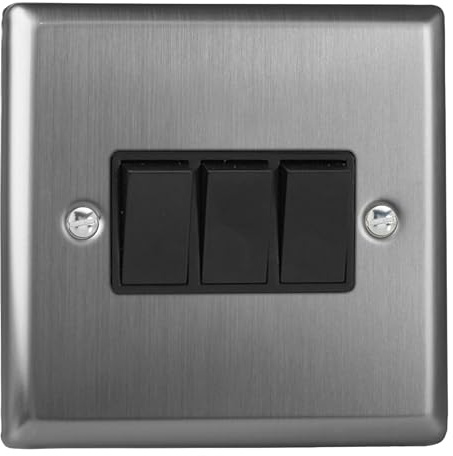 Varilight Triple Rocker Light Switch 2-Way - Classic Brushed Steel With Black Rockers, XT3B