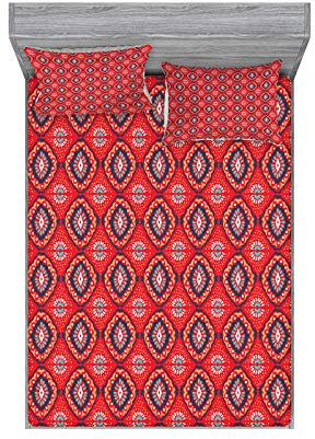 ABAKUHAUS Ikat Buntes Spannbetttuch- und Kissen-Set, Süd-Hand gezeichneter Entwurf, Dekoratives und Bedrucktes 3-teiliges Bettwäscheset, 180 cm x 200 cm, Mehrfarbig