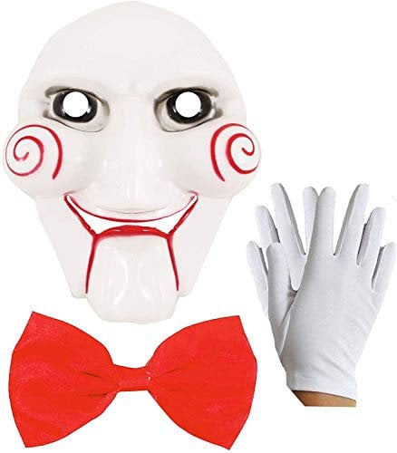 Silver Fancy Dress Halloween Saw Party Billy Puppet Mask Gloves Bow Tie | Adult Scary Jigsaw Fancy Costume 3 Piece Set