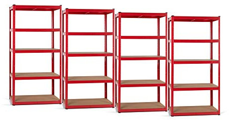 Stagecaptain Heavyrack HR-175 RD Ensemble de 4 Étagères Rangement - Charge Lourde à 5 étages de 175 kg - 875 kg Max - Meuble de Garage Atelier en Acier et Bois MDF - Rouge