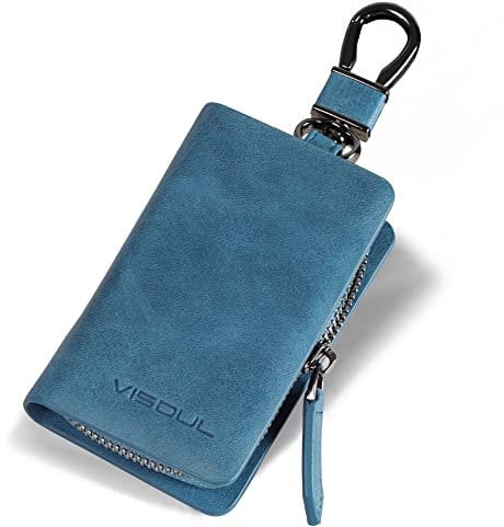 VISOUL Echt Leder Autoschlüssel Abdeckung Schlüsseltasche Hülle Anhänger Antik Vintage Karabienerhacken Tasche Reißverschluss Blau D01