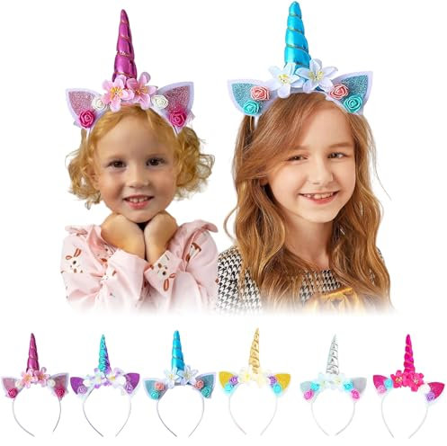 Leonshco Einhorn Haarreif Kinderhaarschmuck, 6 Stück Einhorn Haarreifen Mädchen, Kindergeburtstag Haarreif Einhorn Kopfschmuck mit Blumen und Ohren für Geburtstag/Halloween/Karneval/Einhorn Party usw