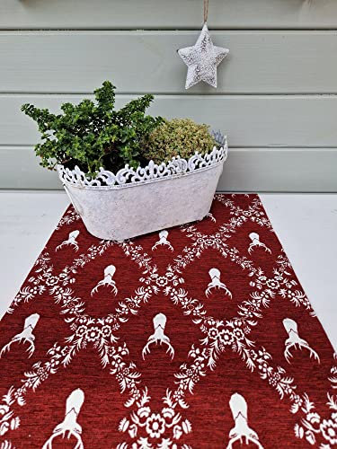 Arinosa Tischläufer Hirsch Weihnachten Edel Dunkelrot Creme Velours 50x150 cm
