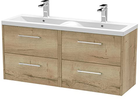 Hudson Reed JNU1824F Juno Modern Bathroom Wall Hung 4-Drawer Vanity with Ceramic Double Basin, 1200mm, Woodgrain Autumn Oak
