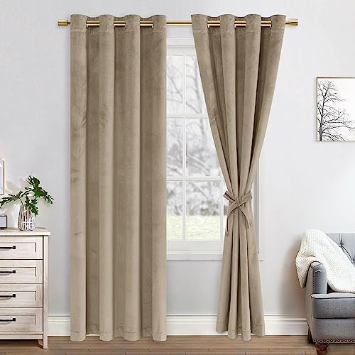 JIUZHEN Verdunklungsvorhang aus Samt, 2er Set Taupe Samt Vorhang weiche blickdichte Gardinen Grün Samtvorhang mit Ösen Vorhänge Samt für Deko Schlafzimmer Wohnzimmer,140x225cm (BxH),Taupe