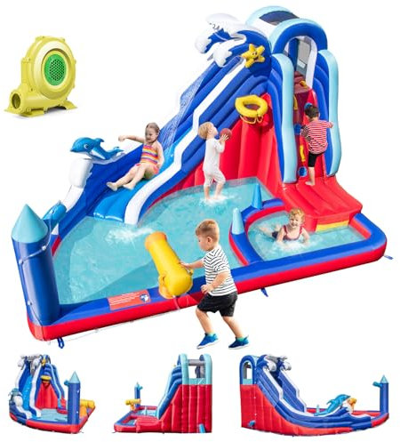 GOPLUS 6 en 1 Château Gonflable Enfants avec Toboggan Aquatique Piscine, Canon à Eau, Panier de Basket et Lancer d'anneaux, pour 3-10 Ans Charge 45+45KG (Vague, avec Souffleur 680W)
