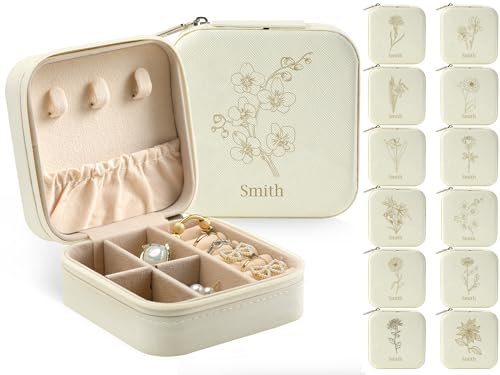 MJARTORIA Personalisiert Schmuckkästchen Klein Mädchen Kinder Reise, Schmuckkasten mit Name Geburtstagsblume für Ohrringe Kette Ringe, Schmuckschatulle Damen Geschenke Muttertag Weihnachten