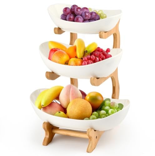 DODUOS 3 Tiered Ceramic Fruit Bowl, Fruit Basket Ceramic for Kitchen Counter, Oval Bowl Set with Natural Rack, Tiered Ceramic Serving Tray Set for Kitchen, Party, Restaurant
