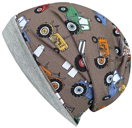 Wollhuhn ÖKO Jungen/Mädchen Bequeme Weiche Long Beanie/Mütze/Beanie-Mütze/Strickmütze/Kindermütze Jersey Gefüttert Übergangszeiten (Öko-Stoffe/Bio) (LB Trecker Braun/Bunt, M)