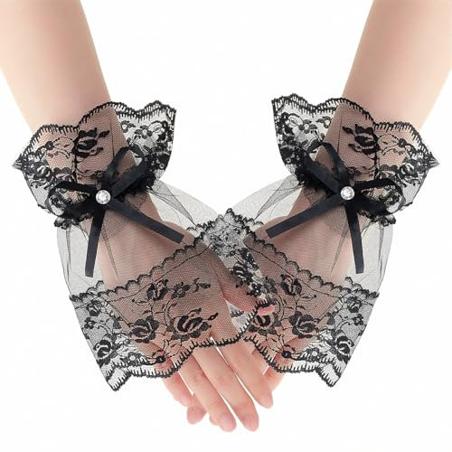 Andibro Kurze Spitzenhandschuhe, Fingerlose Handschuhe für Damen und Bräute Schwarze Schleife Spitze Netzhandschuhe mit Strass Elastische Spitze Handschuhe für Party Hochzeit Bankett Tea Halloween