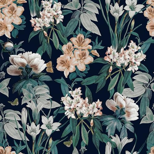 VaryFloral Papier Peint Fleuri Marine Papier Peint Autocollant 30.5cmx300cm Rouleau Adhesif Fleurs de Lys Vinyle Autocollant Feuilles Adhesif Mural Decoratif Vintage Stickers pour Meuble Armoire