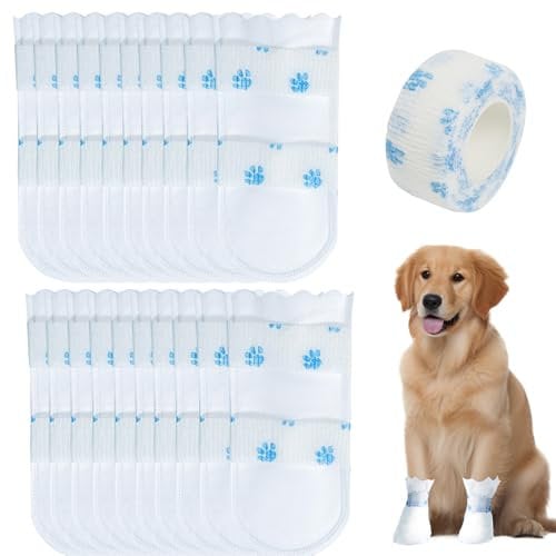 20pcs Disposable Dog Boots for Injured Paws, Waterproof Dog Shoes with Bandage Dog Paw Protectors Stop Licking Disposable Pet Socks for Dogs Paw Bandage Cover Indoor & Outdoor Walking (L(38-77 lb))